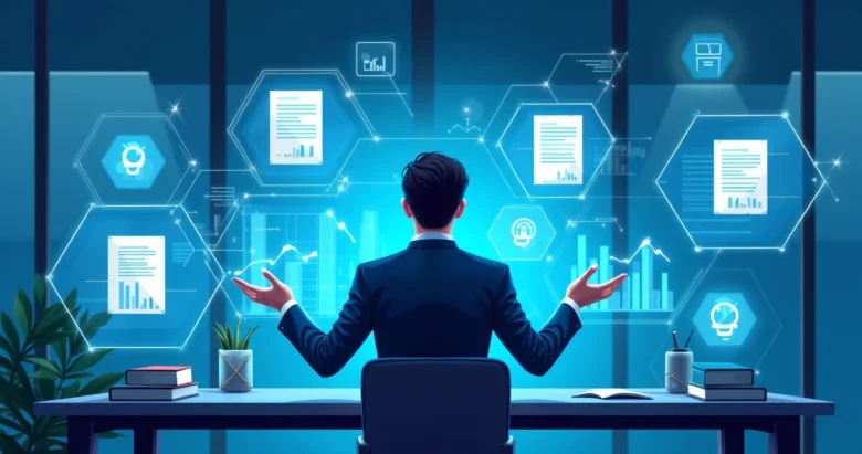 Advogado interagindo com gráficos digitais e ícones de inteligência artificial em ambiente tecnológico