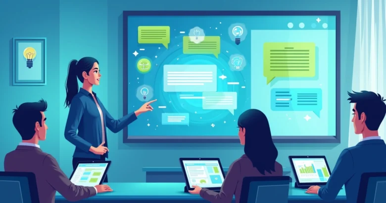 Ilustração de um professor usando inteligência artificial em sala de aula digital