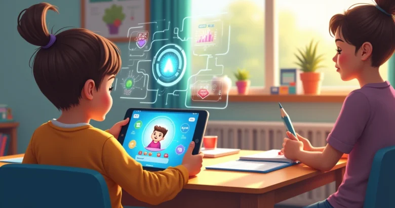 Criança usando tablet com jogo educativo interativo com inteligência artificial