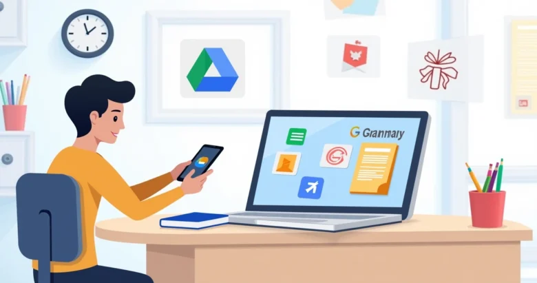 Estudante utilizando aplicativos educacionais em um laptop e smartphone
