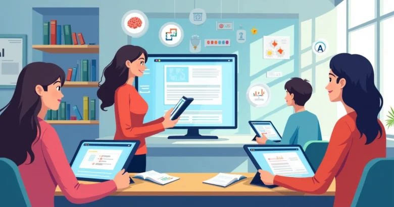 Computador com tela mostrando diversos sites de inteligência artificial para educação e pessoas utilizando tablets e cadernos em ambiente escolar
