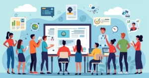 Ilustração colorida de professores e alunos interagindo com elementos digitais que representam termos de inteligência artificial, como robôs, nuvens de dados e interfaces de chatbot