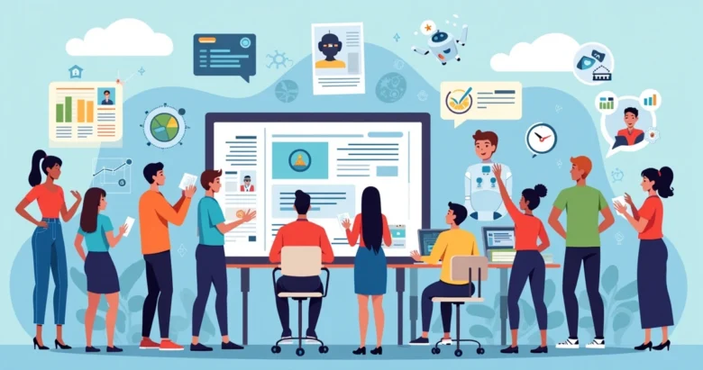 Ilustração colorida de professores e alunos interagindo com elementos digitais que representam termos de inteligência artificial, como robôs, nuvens de dados e interfaces de chatbot