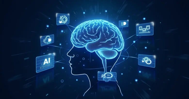 Ilustração da inteligência artificial mostrando circuitos e ícones de machine learning, deep learning e automação
