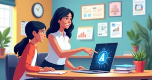 Professor e aluna usando laptop com inteligência artificial em sala de aula