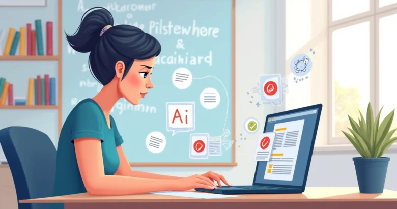 Professor corrigindo exercícios de inglês no computador usando inteligência artificial