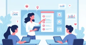Professor ensinando uso da inteligência artificial em sala de aula com laptop e exemplos digitais