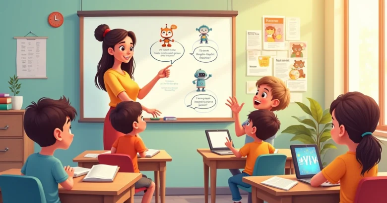 Professor ensinando inglês para alunos do ensino fundamental em sala de aula com quadro e livros