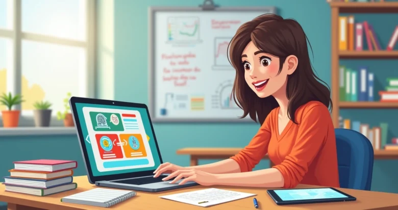 Professor utilizando laptop para planejar atividades escolares com apoio de inteligência artificial