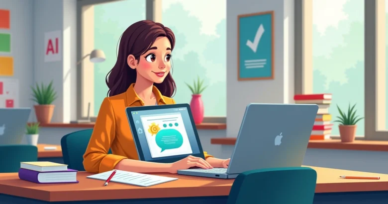 Professor com notebook planejando aula com inteligência artificial e recursos digitais