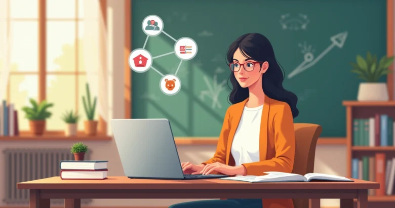 Professor usando inteligência artificial para planejar estudos com computador e materiais escolares