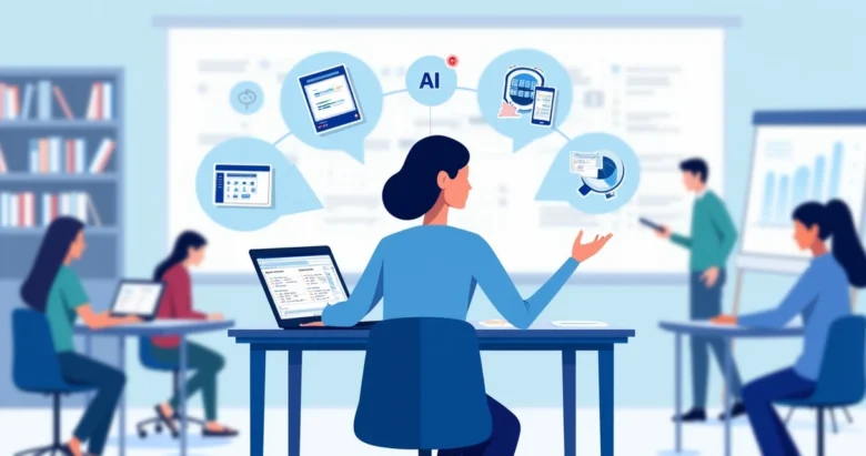 Professor usando inteligência artificial para planejar aulas em sala de aula moderna