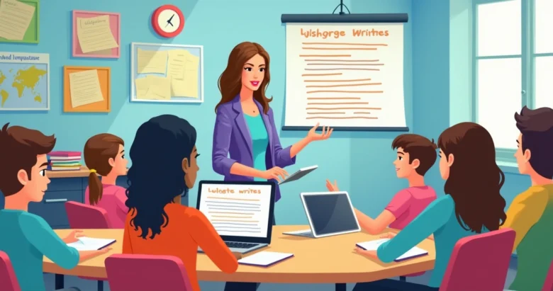 Professora usando computador para ensinar gêneros textuais com inteligência artificial a estudantes em sala de aula