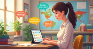 Professora usando tablet com chatbot para personalizar atividades de inglês por nível