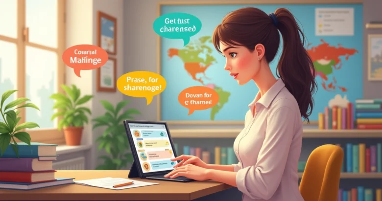 Professora usando tablet com chatbot para personalizar atividades de inglês por nível