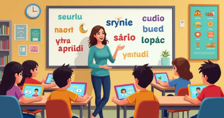 Professora em sala de aula com alunos iniciantes aprendendo inglês básico usando tablets e quadro interativo