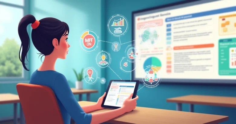 Professora usando tablet para planejar aulas com ferramentas de IA em ambiente escolar moderno