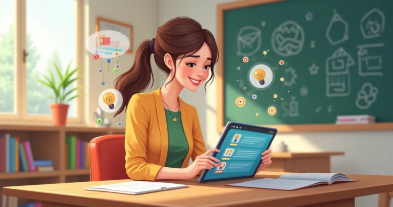 Professora usando tablet para acessar sugestões automáticas de planos de aula e atividades educativas