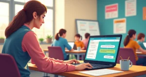 Professora usando laptop com ChatGPT para planejar aula de inglês interativa em sala de aula moderna