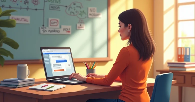 Professora usando laptop com chat aberto para criar exercícios de ortografia
