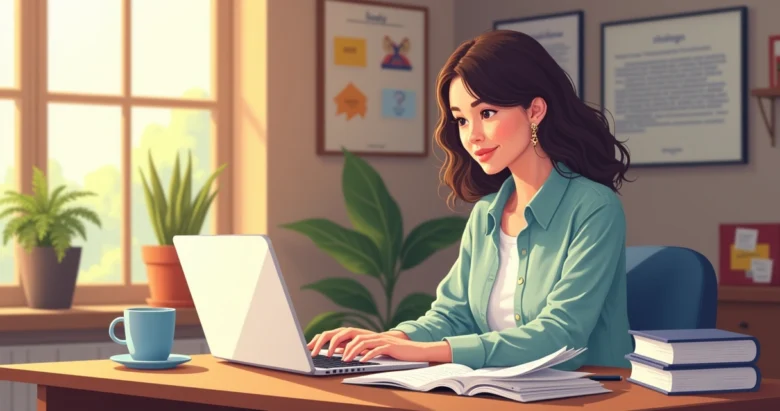 Professora sentada em mesa com notebook aberto, usando ChatGPT para criar atividades de interpretação de texto