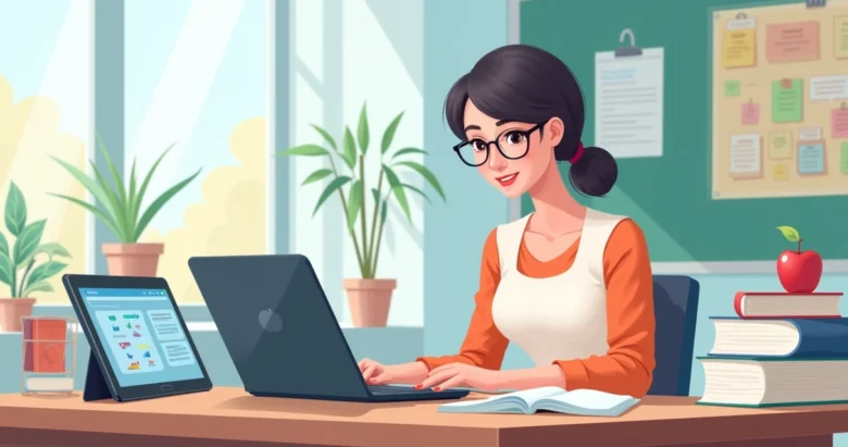 Professora preparando aula de inglês no laptop com auxílio do ChatGPT em ambiente escolar iluminado