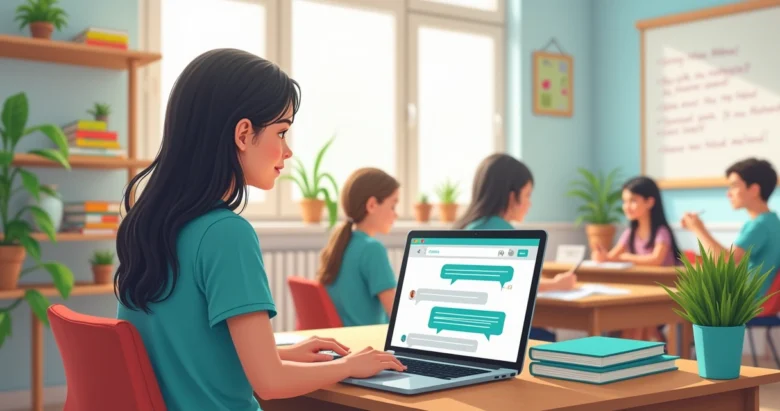 Professora usando laptop para planejar aula com ChatGPT em sala de aula moderna