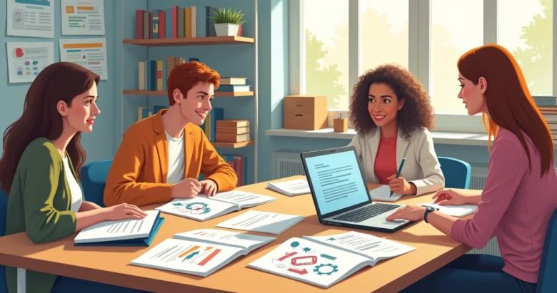Professores reunidos planejando aulas usando computador com inteligência artificial na tela