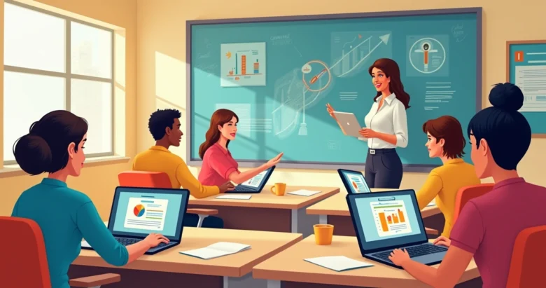 Professores em sala de aula utilizando computadores com ajuda de inteligência artificial