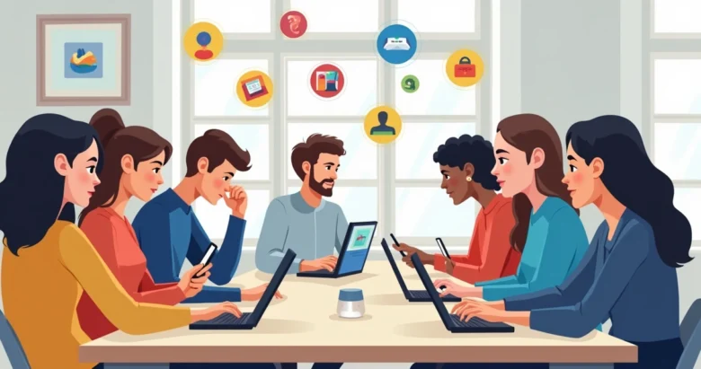 Pessoas usando diferentes aplicativos de inteligência artificial em seus celulares e notebooks, com interface colorida e amigável na tela